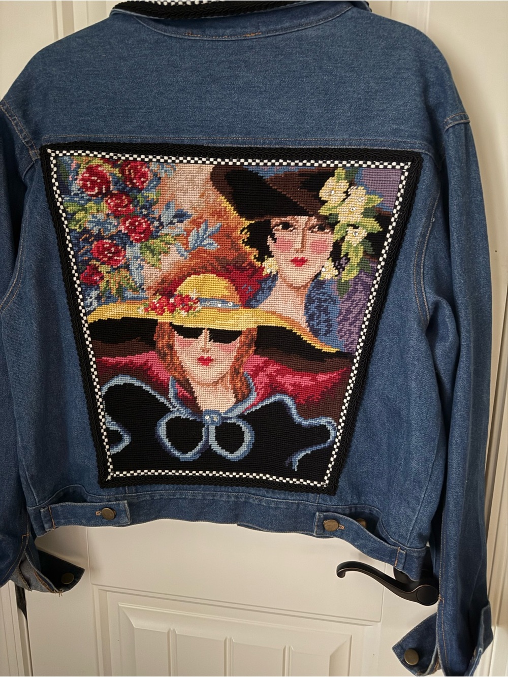 Stylish Blue Denim Jean Jacket with Embellished Tapestry Portrait Back Panel